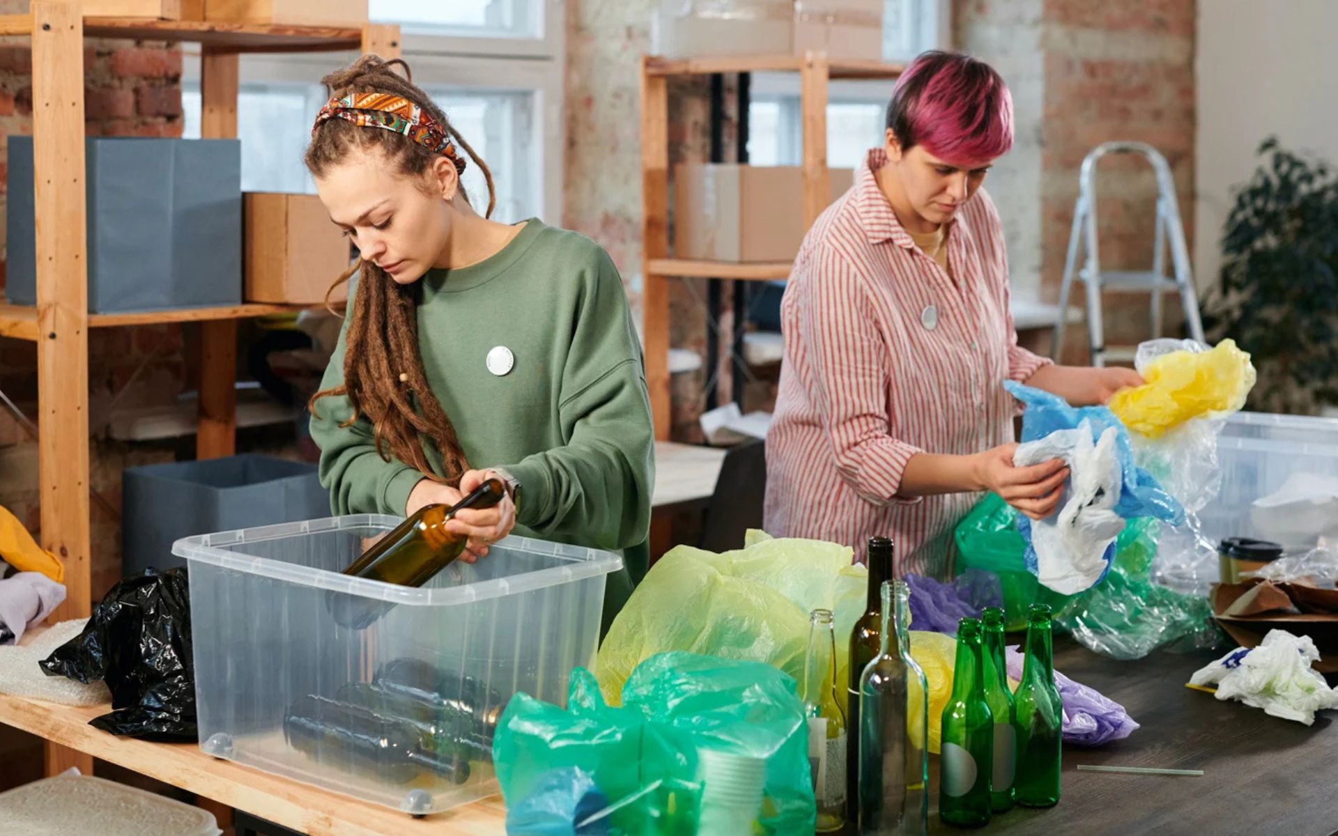 Deux personnes trient des déchets recyclables dans des bacs transparents lors d’un événement écoresponsable, avec bouteilles en verre et sacs plastiques.