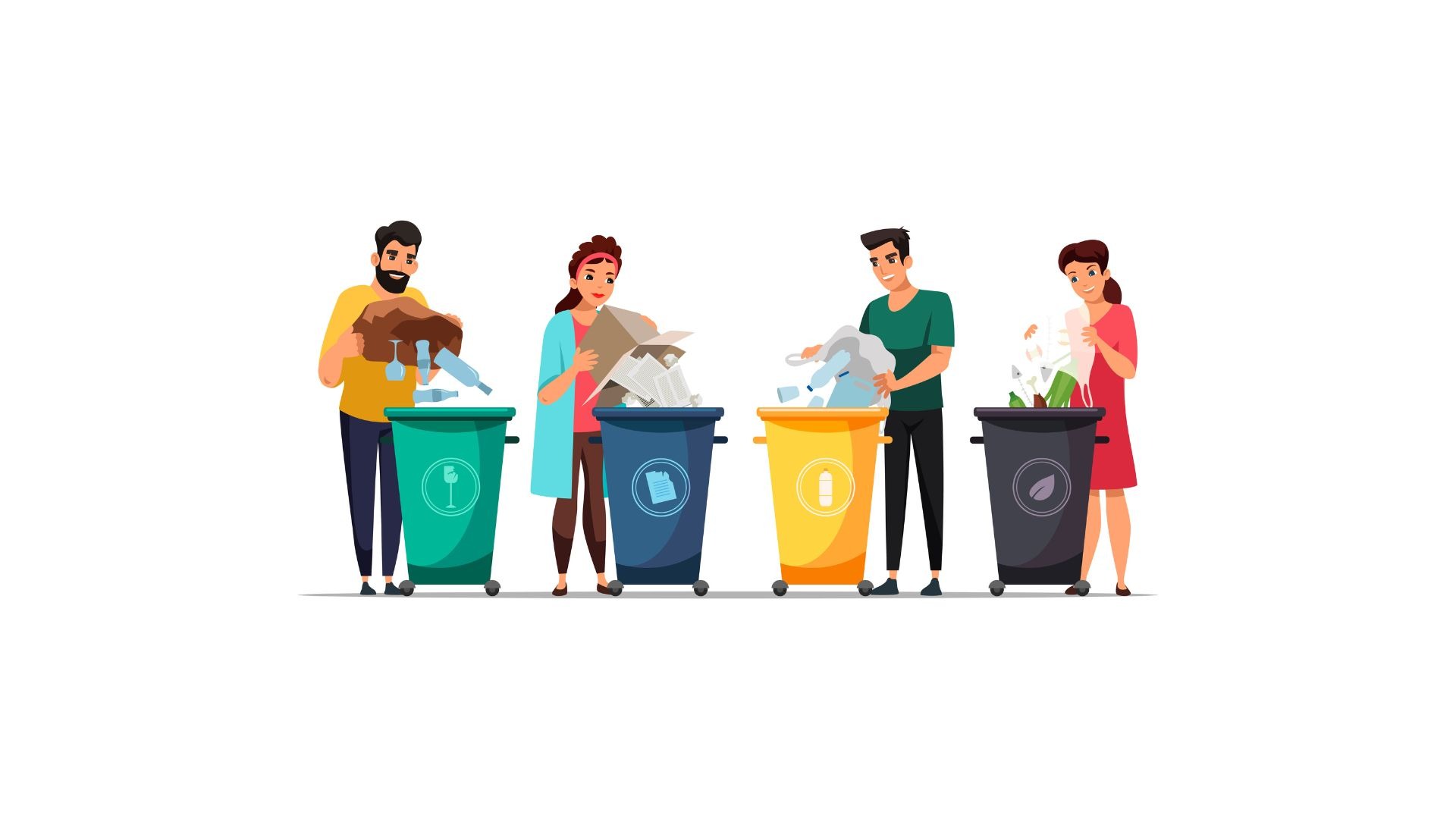 Illustration de personnes triant les déchets dans des bacs colorés pour le recyclage des plastiques, papiers, verres et biodéchets