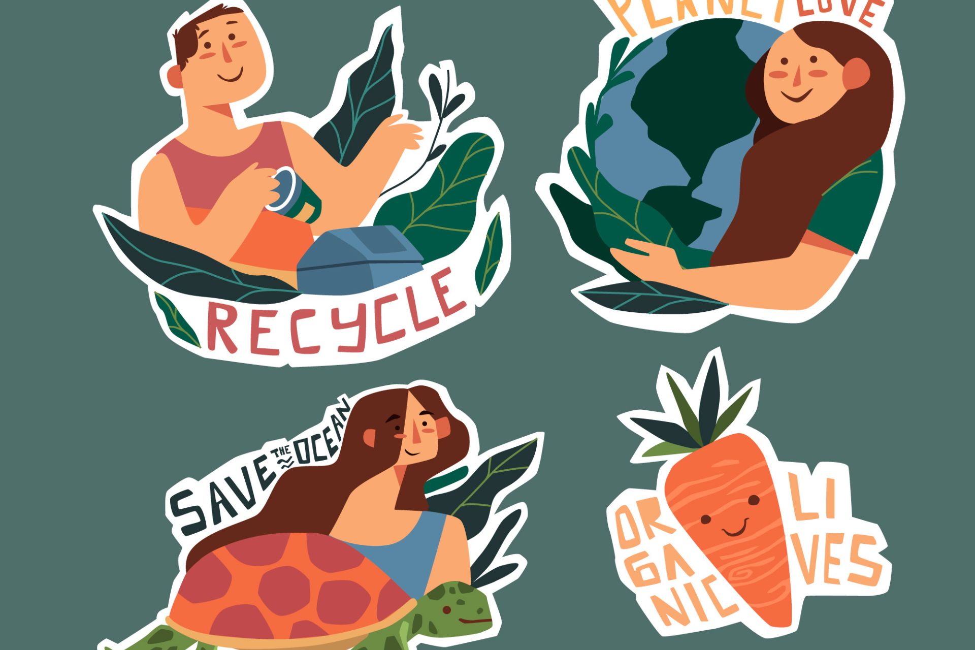 Illustrations éducatives sur l’écologie avec messages recycle, love planet, save the ocean et organic lives pour sensibiliser au tri et au zéro gaspillage
