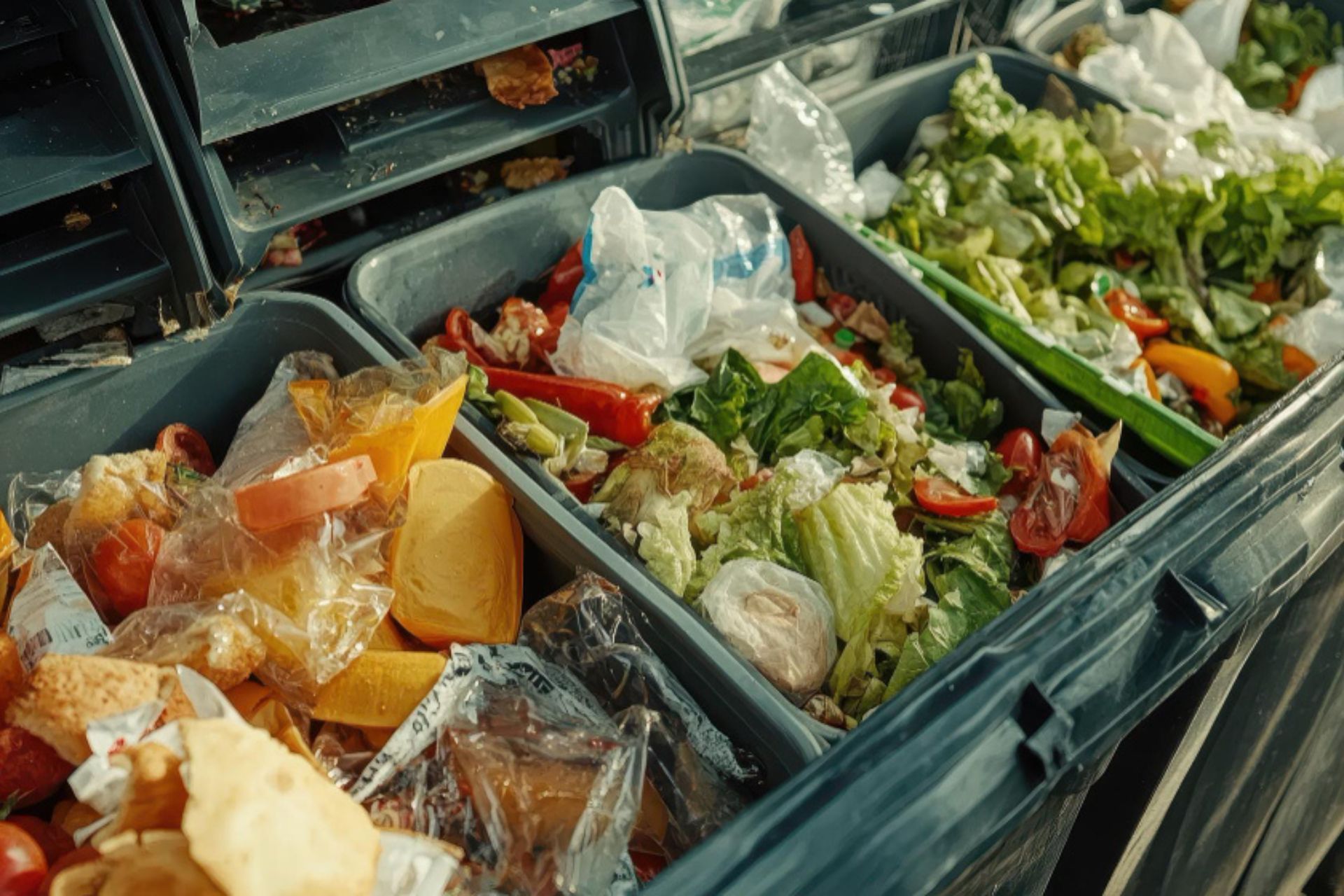 Bacs de tri remplis de déchets alimentaires variés (fruits, légumes, pain, emballages) destinés au compostage industriel en entreprise